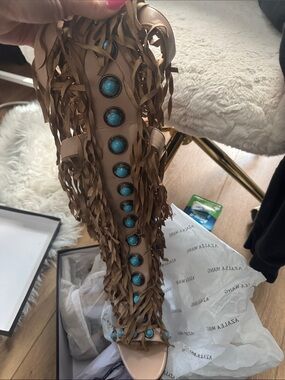 Tan Fringe Gladiator Sandal with Turquoise Accents